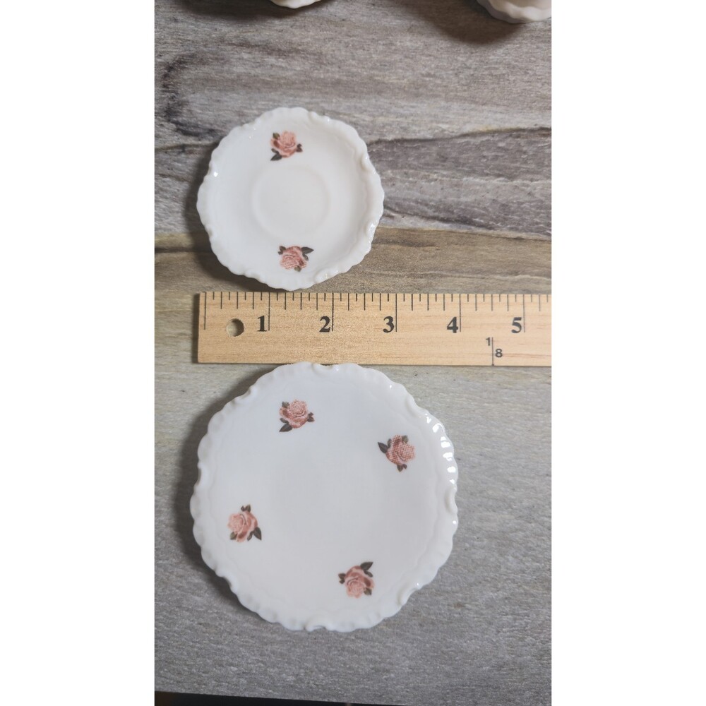 Vintage Miniature Porcelain Tea Set White Pink Rose Scalloped Teapot Sugar Bowl - Picture 9 of 16